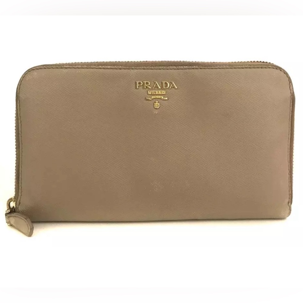 PRADA Logo Saffiano Leather Zip Around Long Wallet